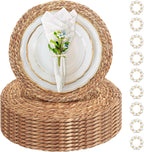 Alijoy 13 Inch Round Woven Placemats Set of 10 with Pearl Napkin Rings - Rattan Chargers for Dinner Plates, Natural Water Hyacinth Wicker Placemats, Rustic Placemat Boho Farmhouse Dining Table Deco