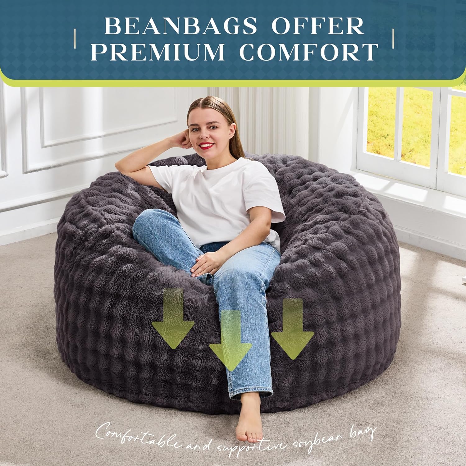 Hobestluk Bean Bag Chairs Beanbag Chair with Filler Adult Bean Bags with Fluffy & Machine Washable Cover, Giant Bean Bag Chairs for Aduts (Dark Grey, 3FT-36" x 36" x 22")