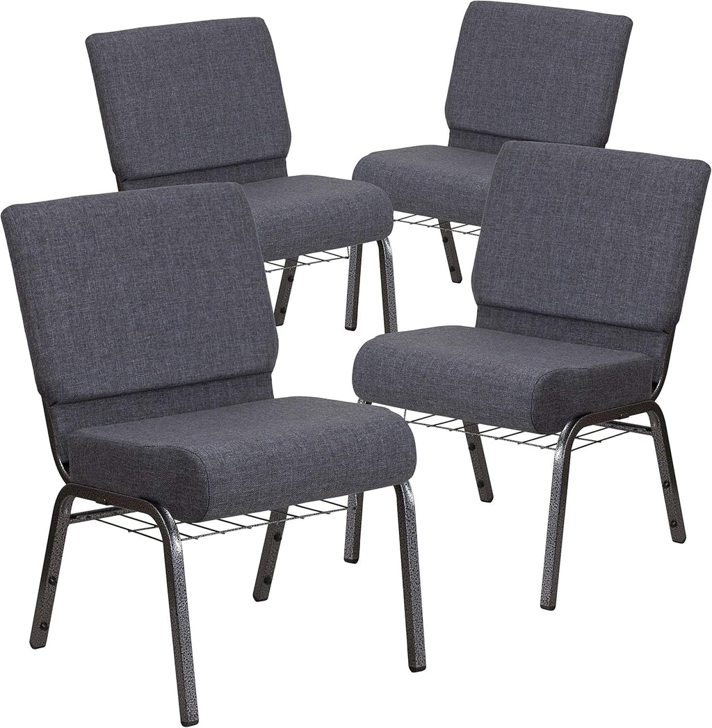 Flash Furniture 4 Pack HERCULES Series 21''W Church Chair in Dark Gray Fabric with Book Rack - Silver Vein Frame