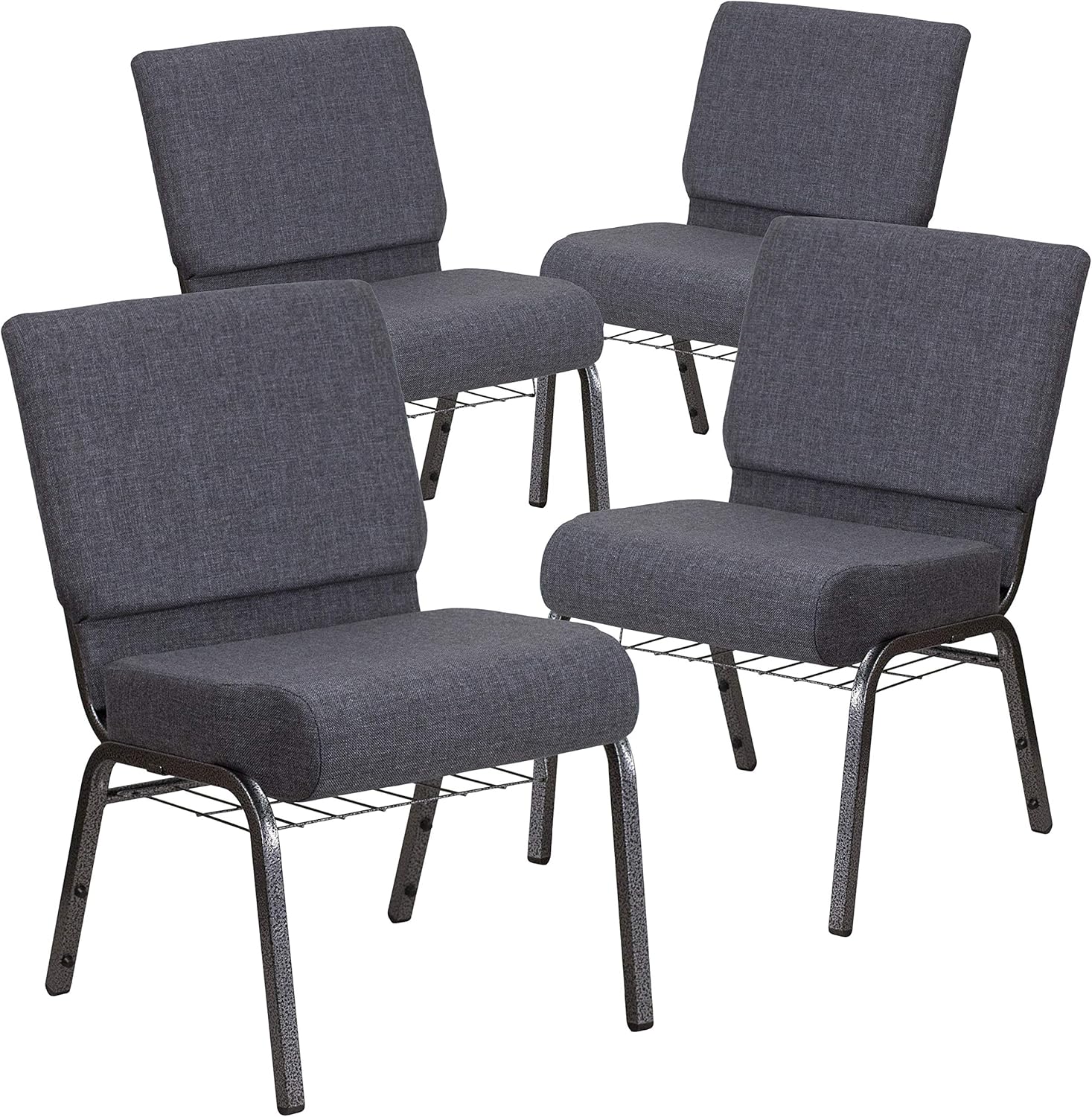 Flash Furniture 4 Pack HERCULES Series 21''W Church Chair in Dark Gray Fabric with Book Rack - Silver Vein Frame