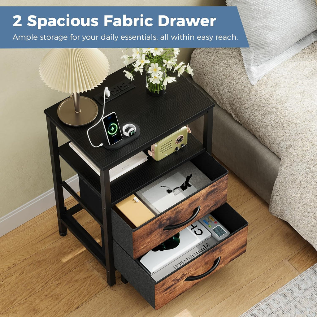 OLIXIS Nightstand with Charging Station, Bedside Table with USB Ports & Type-C, 2 Fabric Drawers Night Stand with Open Shelf, Compact End Table for Bedroom, Black & Rust