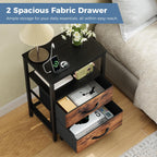 OLIXIS Nightstand with Charging Station, Bedside Table with USB Ports & Type-C, 2 Fabric Drawers Night Stand with Open Shelf, Compact End Table for Bedroom, Black & Rust