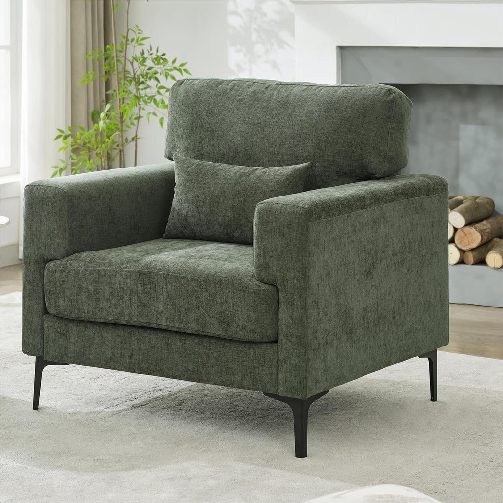Oversized Accent Chair with Metal Legs,Comfy Armchair and a Half,Modern Century Single Sofa Extra Large Reading Club Chair for Bedroom,Living Room,and Apartment,Chenille,Green