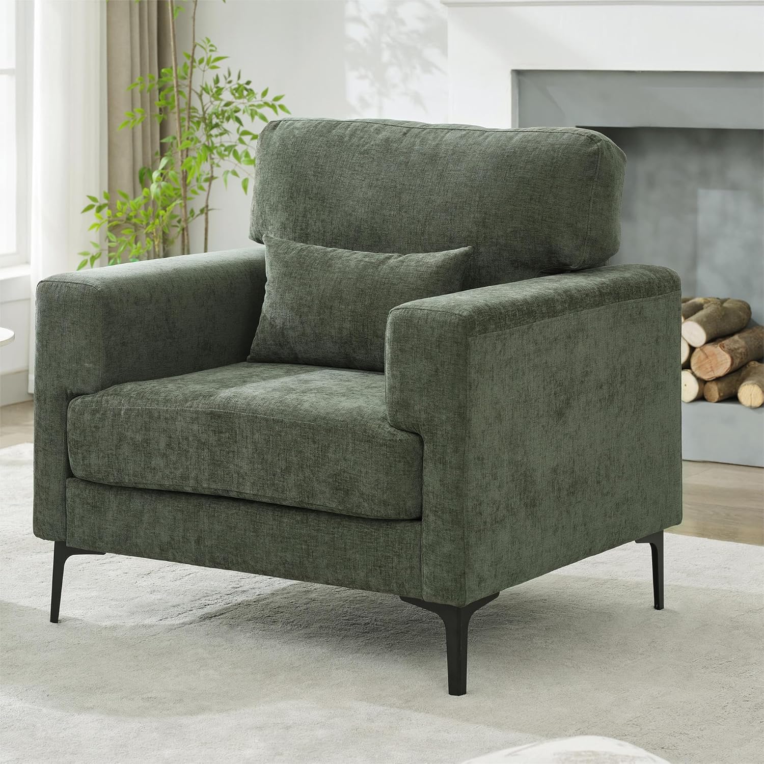 Oversized Accent Chair with Metal Legs,Comfy Armchair and a Half,Modern Century Single Sofa Extra Large Reading Club Chair for Bedroom,Living Room,and Apartment,Chenille,Green