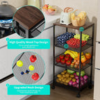 HapiRm Fruit Basket Kitchen Cart - 4-Tier Rolling Storage Cart with Wheels, Fruit Vegetable Basket with Wood Top, Pantry Utility Kitchen Organizer for Fruit Potato Onion Vegetable Bread Snack