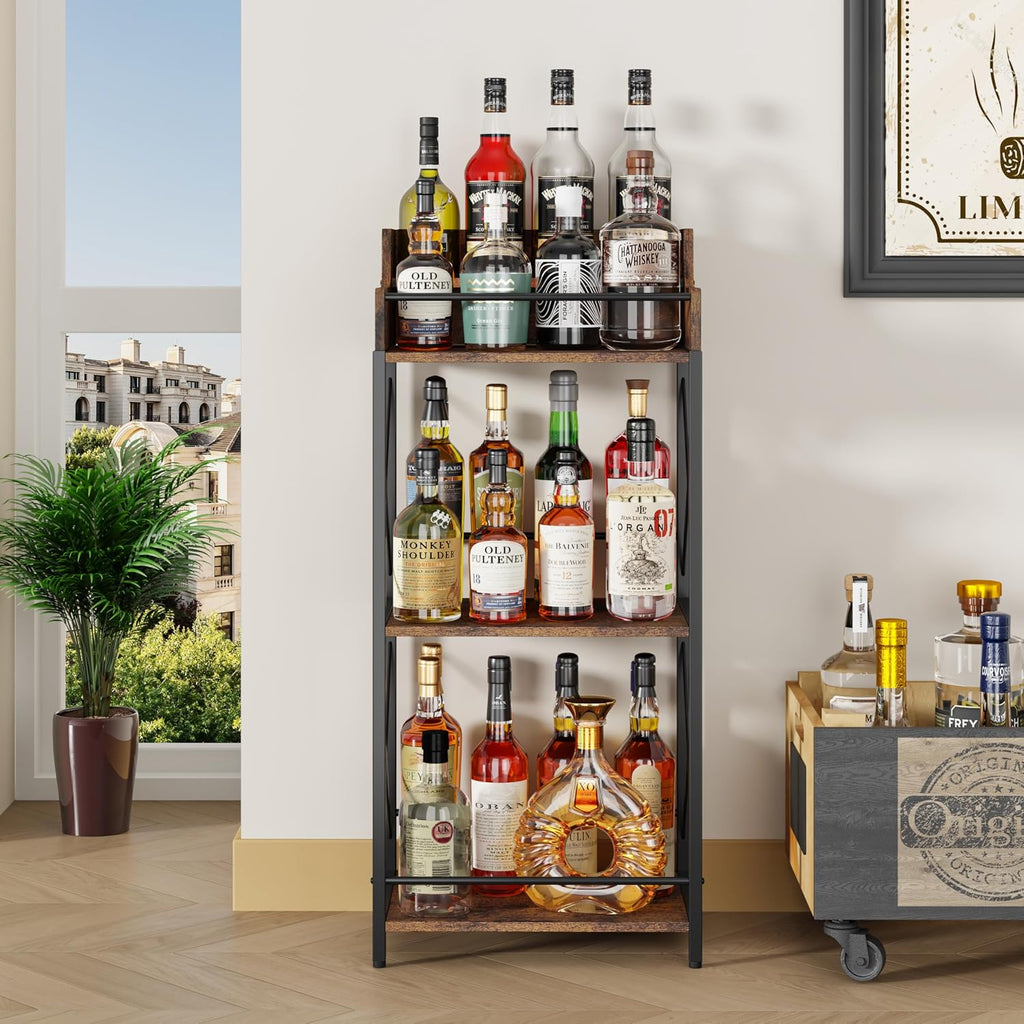 KLM Liquor Bottle Display Shelf, Coffee Syrup Rack Organizer, 3 Step Countertop Wine Rack, Mini Bar, Retro Bar Shelf Stand for Whiskey, Spirits.(Brown)