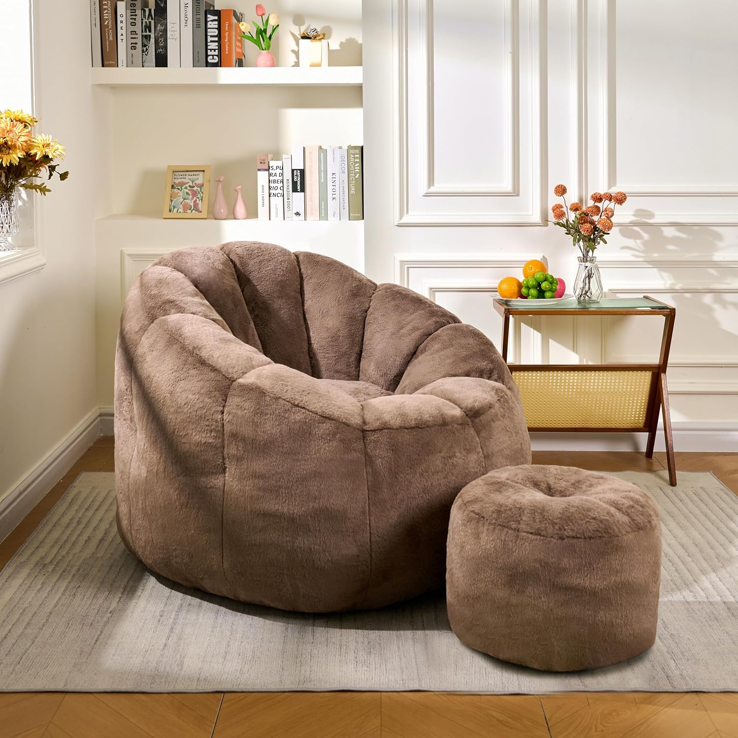Bean Bag Chair, Bean Bag Chair with Ottoman, Stuffed Bean Bag Chairs with Filler, Big Beanbag Chairs with Filling for Living Room (Faux Fur in Brown, 40.6" D×41.4" W×27.6" H)