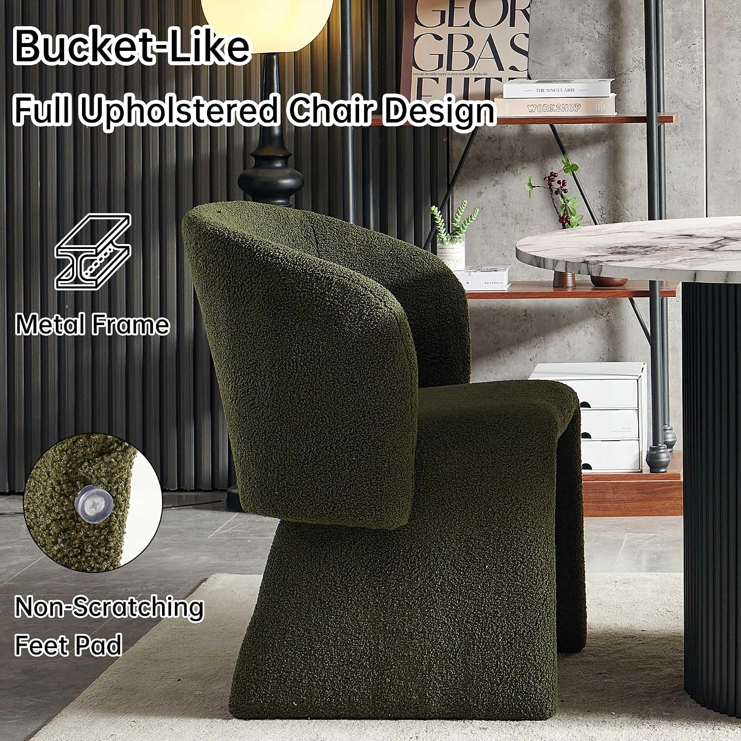 NORDICANA 3-Piece Round Dining Table Set for 2, Modern 47-Inch Kitchen Table and Chair Set, Dining Set with Dark Green Upholstered Armchairs, Manufactured Wood Top with White Marble Effect Finish