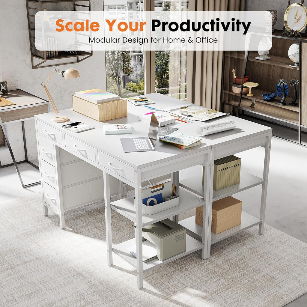 OLIXIS Computer Desk with 6 Drawers, 47 inch Office Desk with Storage Shelves, Reversible Gaming Desk, Corner Desk with Storage Drawers, Work for Home Office, Study, Living Room, White