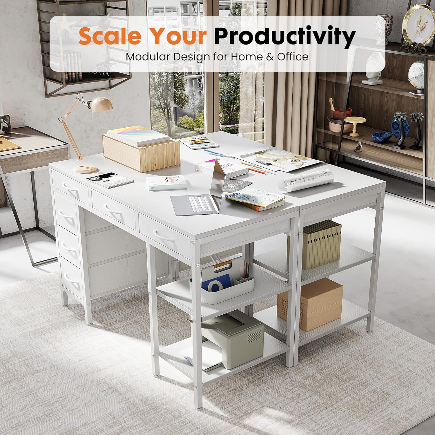 OLIXIS Computer Desk with 6 Drawers, 47 inch Office Desk with Storage Shelves, Reversible Gaming Desk, Corner Desk with Storage Drawers, Work for Home Office, Study, Living Room, White