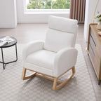 Teddy Fabric Rocking Chair with Adjustable Footstool, Nursery Rocker, High Backrest & Storage Pocket, White, 35.04"-49.21" D X 27.36" W X 40.16"-41.73" H