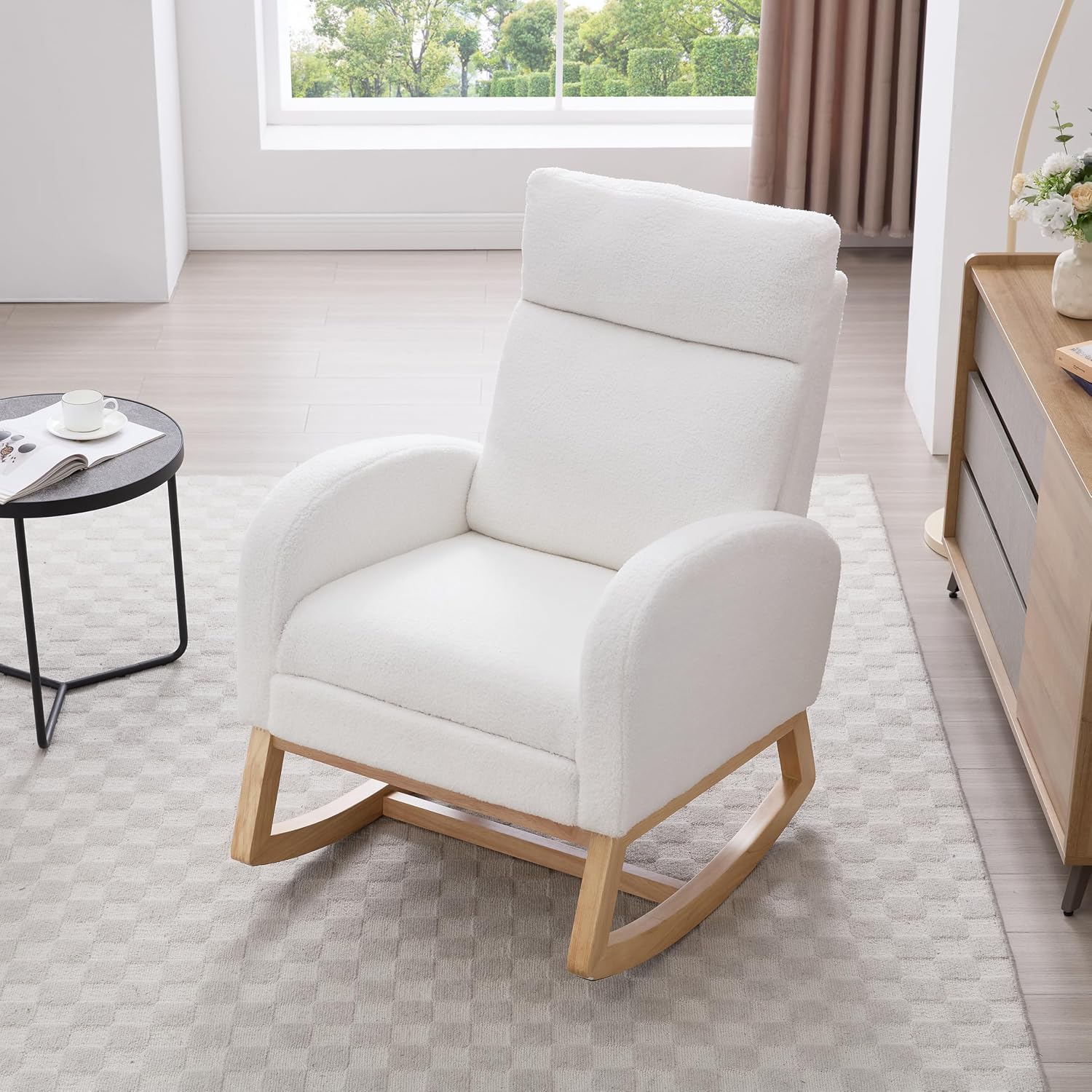 Teddy Fabric Rocking Chair with Adjustable Footstool, Nursery Rocker, High Backrest & Storage Pocket, White, 35.04"-49.21" D X 27.36" W X 40.16"-41.73" H
