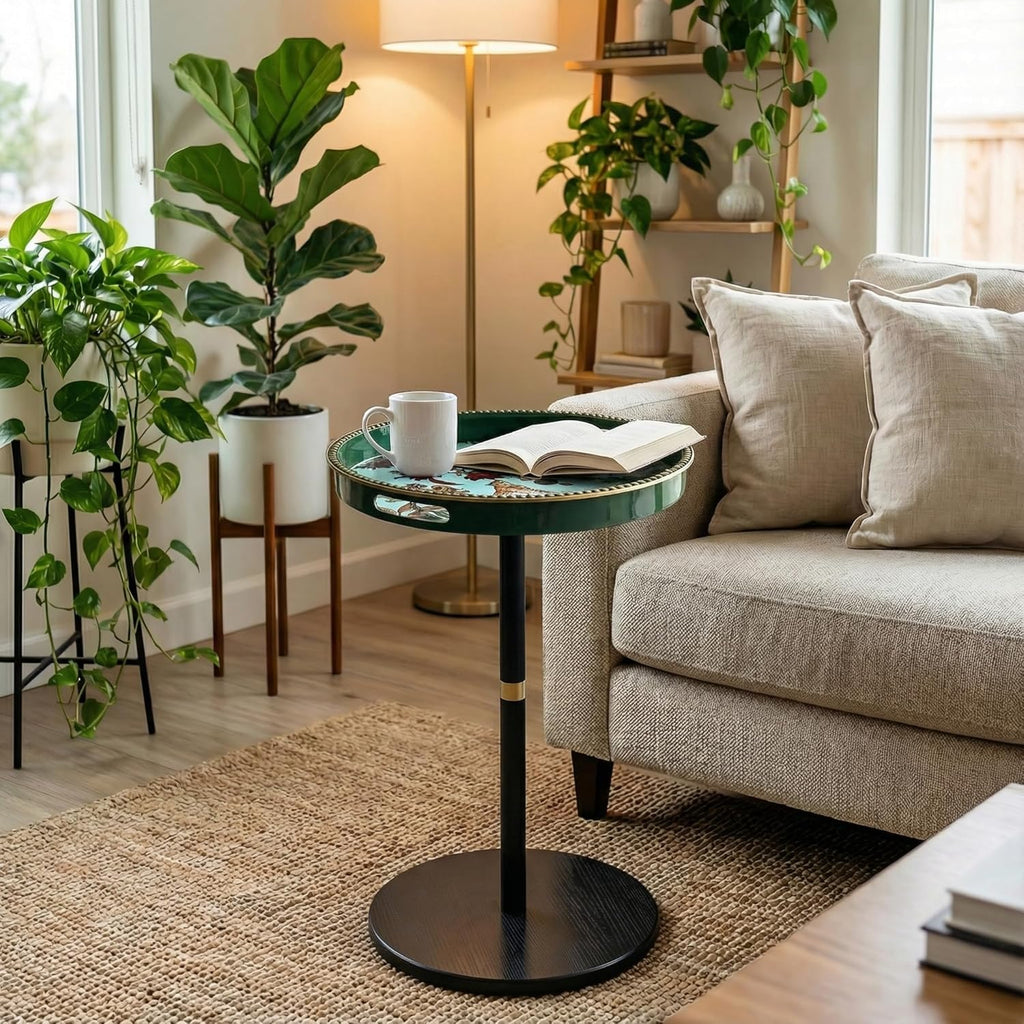 Gesodant Boho Single Leg Round Side Table with Tray Top, Pedestal Drink Table for Small Spaces, Aesthetic Accent Nightstand for Living Room, Bedroom, Corners, and Office (Green Leopard)