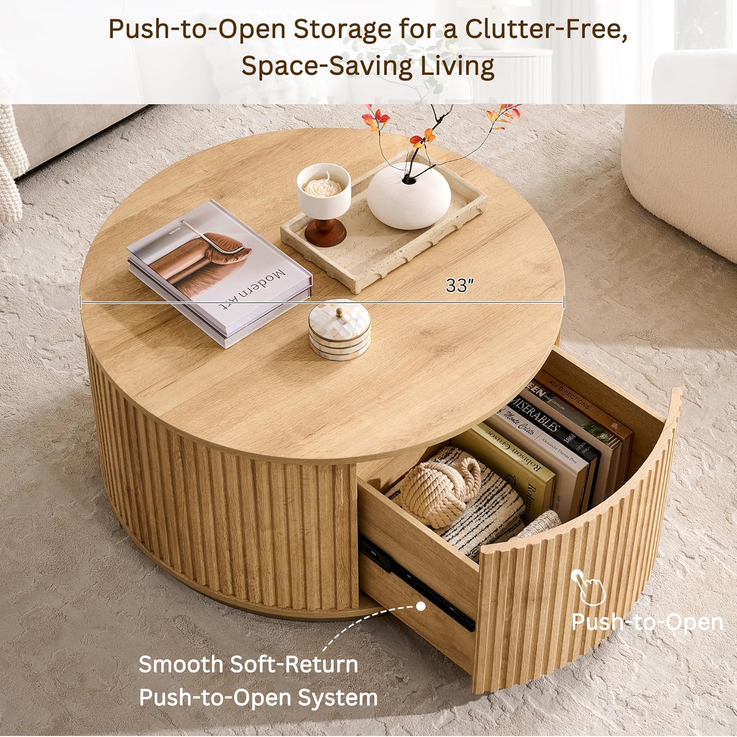 JXQTLINGMU 33" Round Coffee Table with Storage, Fluted Drum Coffee Table, Hidden Push-to-Open Drawer, Natural Oak