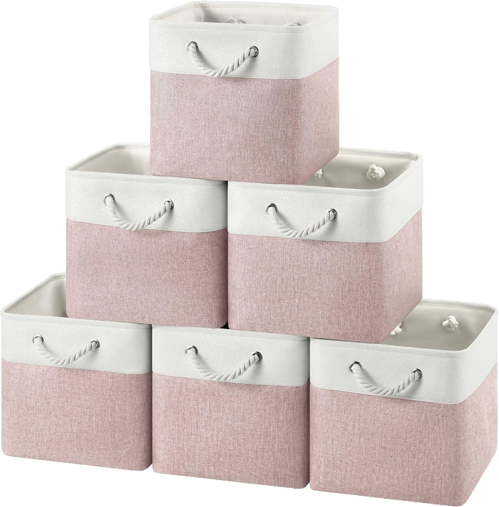 12x12 Storage Cube Bins, 6 Pack Reinforced Bottom Cardboard Foldable Box, Organizer for Closet Shelves, Heavy Home Storage Baskets (White Pink)