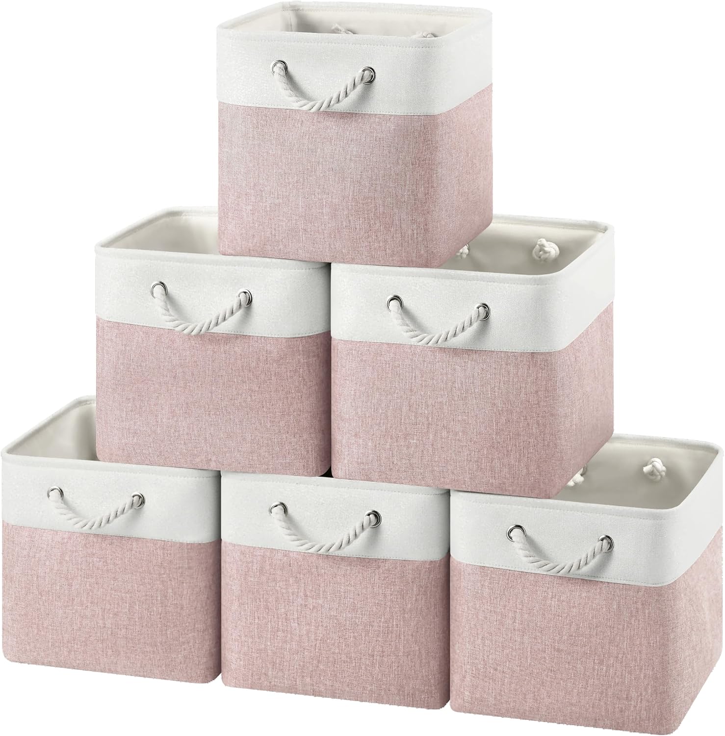 12x12 Storage Cube Bins, 6 Pack Reinforced Bottom Cardboard Foldable Box, Organizer for Closet Shelves, Heavy Home Storage Baskets (White Pink)