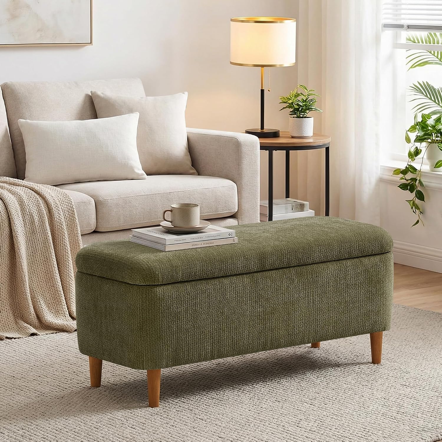 39.4”Ottoman with Storage,Upholstered Comfy Storage Bench Ottoman with Wooden Legs,End of Bed Bench Footstool for Hallway Entryway Bedroom Living Room Green