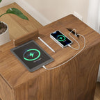 Narrow Side Table with Charging Station, End Table with Storage, Drawer and Wheels, Flip Top Small Modern Nightstand with USB Ports and Outlets for Living Room, Bedroom, Office (Walnut)