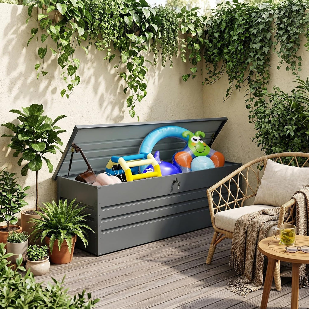 Multi-Purpose 260 Gallon Patio Storage Bench, Carbon Black Metal Storage Box with for Cushions, Garden Tools, Pool Supplies & Patio Use
