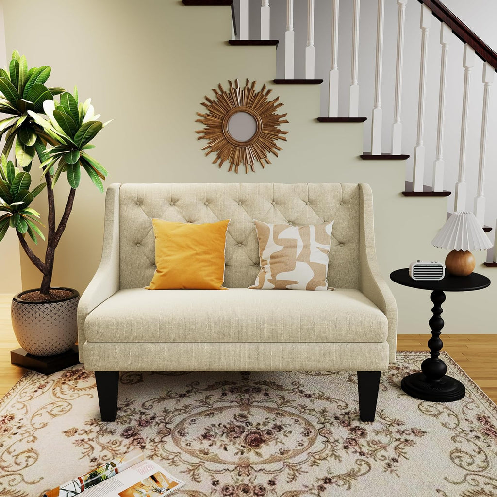 Tongli 50" Small Modern Loveseat Settee Sofa Linen Fabric 2-Seat Sofa Couch Tufted Love Seat Dining Bench with Back Upholstered Banquette Sofas for Living Room Bedroom Small Space Entryway