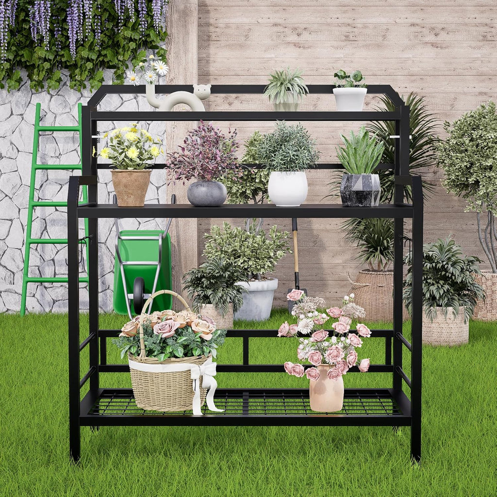 Outdoor Metal Potting Bench Table with Storage,3-Tier Heavy Duty Garden Workbench,All-Weather Gardening Table with 4 Side Hooks,18" D x 39" W x 32" - 47" H,Black