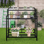 Outdoor Metal Potting Bench Table with Storage,3-Tier Heavy Duty Garden Workbench,All-Weather Gardening Table with 4 Side Hooks,18" D x 39" W x 32" - 47" H,Black