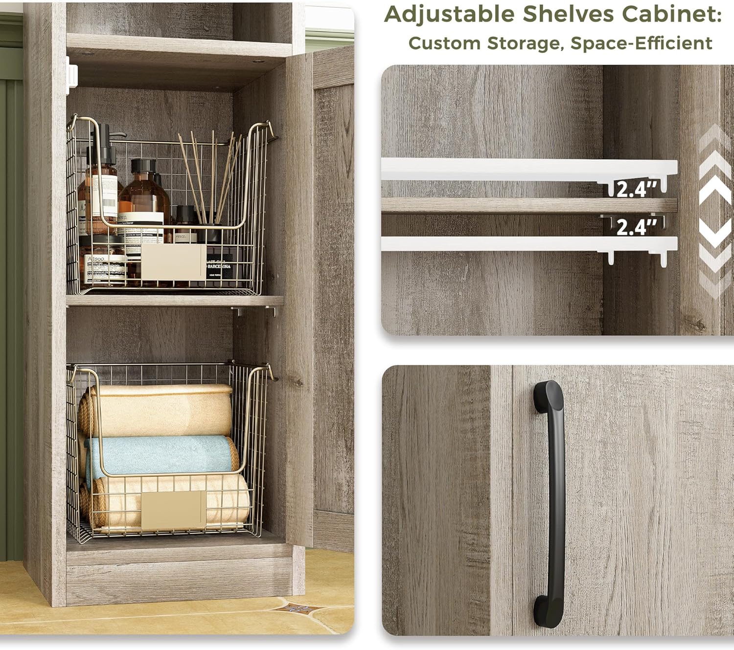 IRONCK Tall Bathroom Cabinet with Drawer and Door, 71" H Slim Freestanding Narrow Storage Cabinet with Adjustable Shelves, Retractable Toilet Paper Rod, for Small Spaces, 11.8" W Rustic Maple