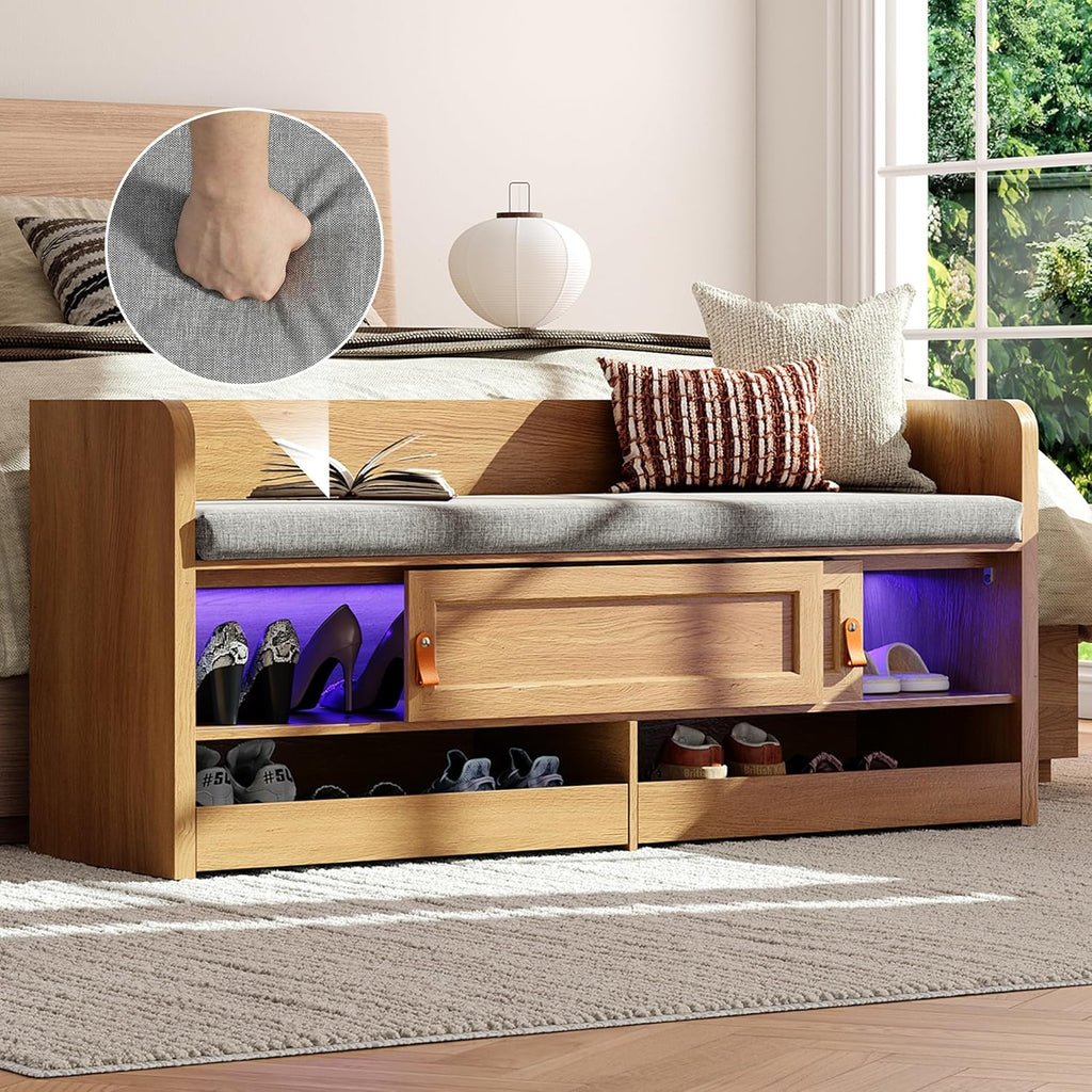 STO'SENSE Shoe Bench with UV Light, 2-Tiers Entryway Bench with Cushion, Sliding Doors & 2 Pop-Out Drawers for Bedroom, Closet, Living Room, Hallway