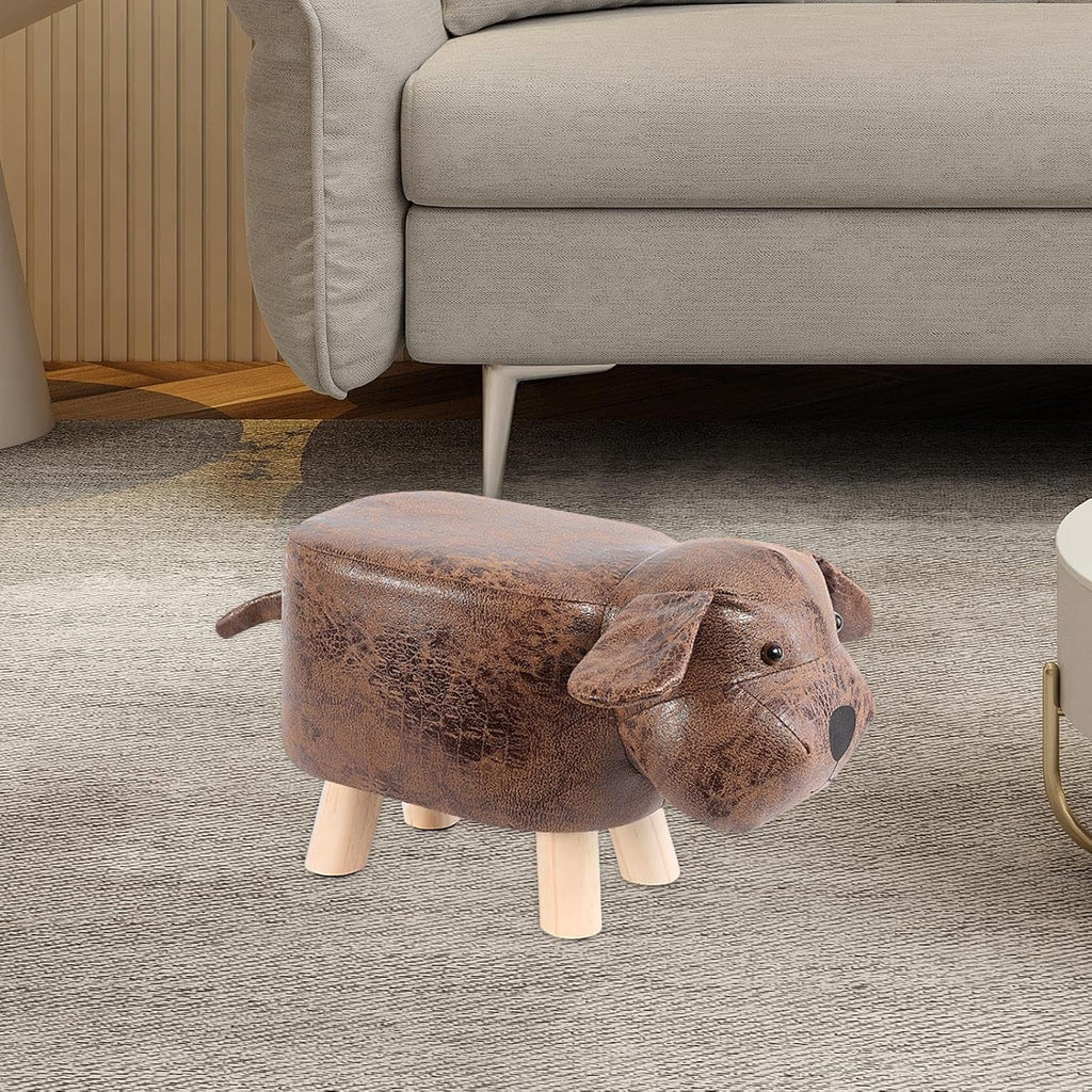 Cartoon Footstool Animal Shaped Upholstered Ottoman Foot Rest Padded Pouffe Stool with Wooden Legs and Soft Cushion Suitable for Kids Room Playroom, Brown