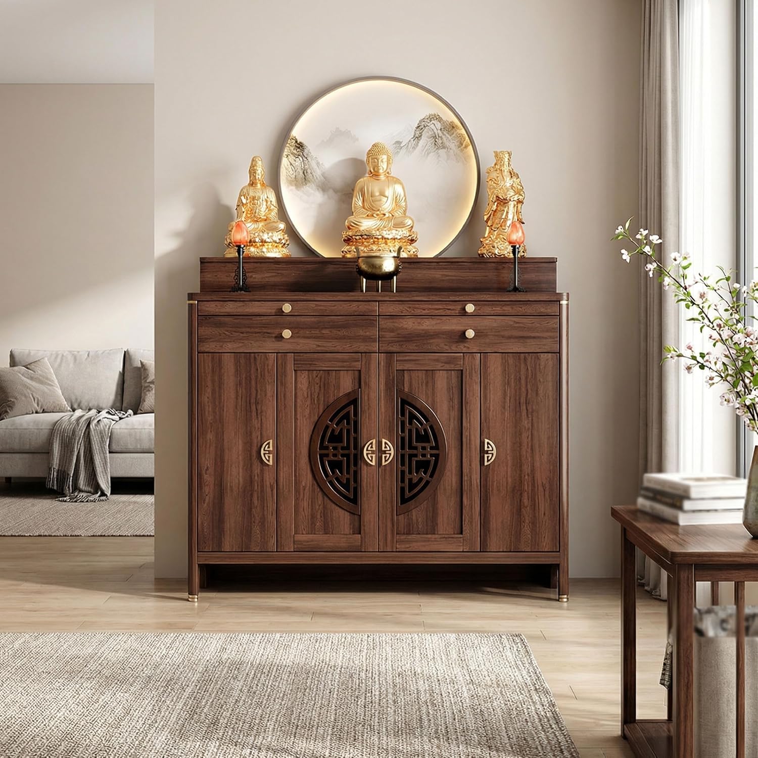 Solid Wood Personal Shrine Altar Table, Prayer Buddhist Niche Incense Table with Storage Cabinet, Buddha Niche Shrine Table, Buddhist Meditation Altar Cabinet (30.7 * 17.7 * 48.8in, Wood)