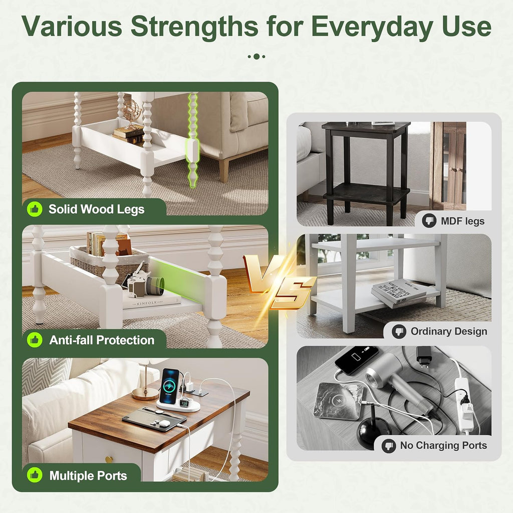 YOSHOOT Farmhouse End Table with Charging Station Set of 2 - Narrow Side Table for Living Room Bedroom Small Space, Wood Nightstand with Drawer and Power Outlets, White