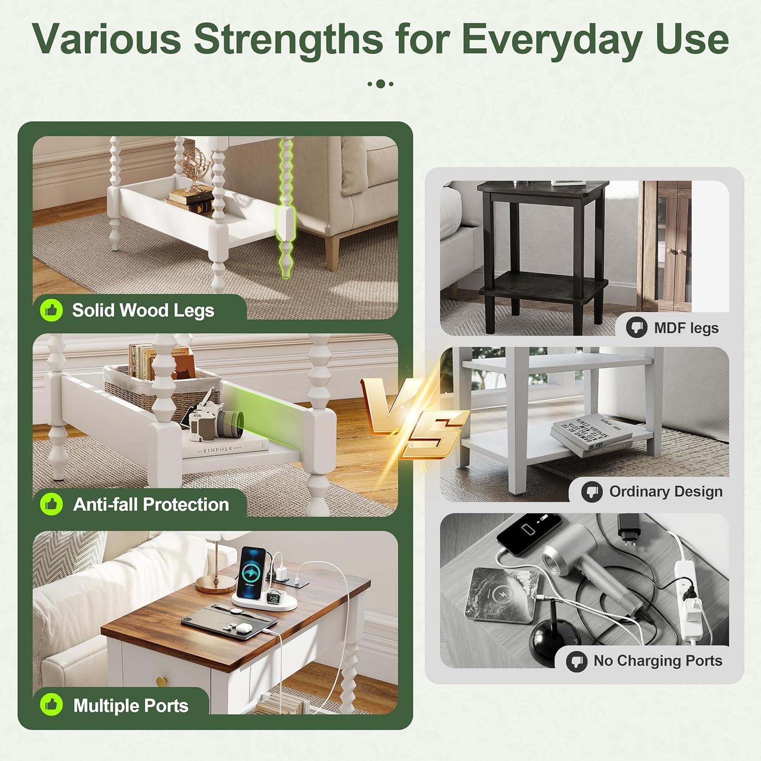 YOSHOOT Farmhouse End Table with Charging Station Set of 2 - Narrow Side Table for Living Room Bedroom Small Space, Wood Nightstand with Drawer and Power Outlets, White