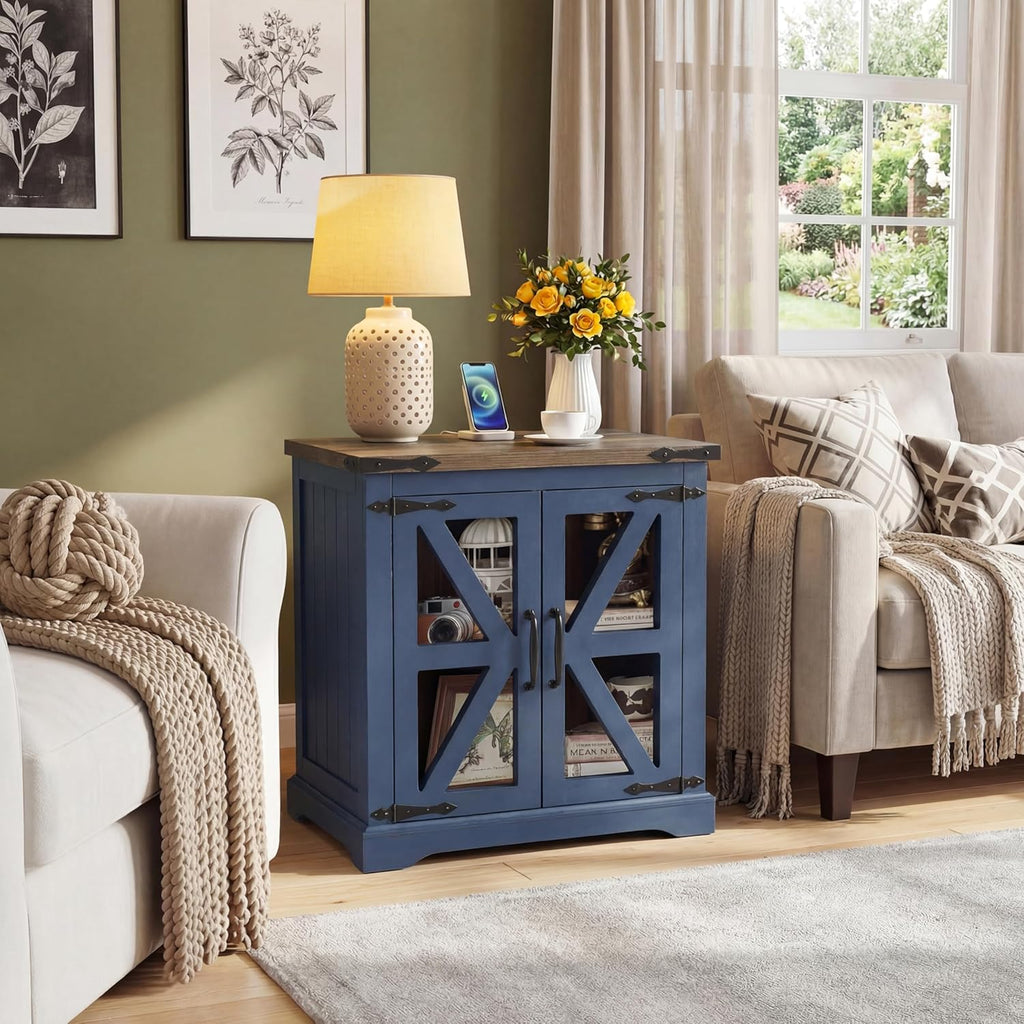 Farmhouse End Table, 24" Large End Tables with Storage, Rustic Square Sofa Beside Table with Glass Barn Door, Wood Side Table Square Nightstand for Living Room, Bedroom, Office (Misty Blue)