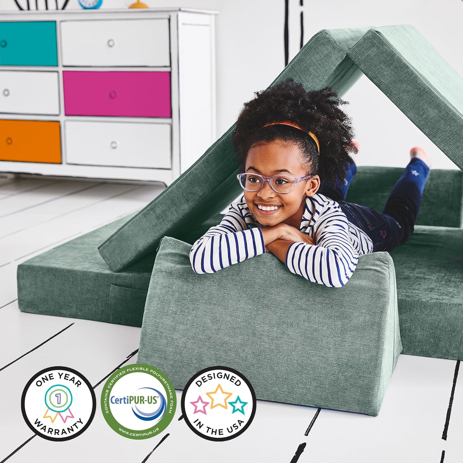 Yourigami Kids and Toddler Play Couch, Convertible Folding Sofa, Durable Foam Modular Design, Green Meadows