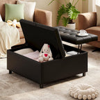 LINLUX Extra Large Leather Storage Ottoman, 35.5 Inch Large Square Lift Top Ottoman Coffee Table with Storage, Tufted Leather Ottoman Footrest Toy Box for Living Room, Black