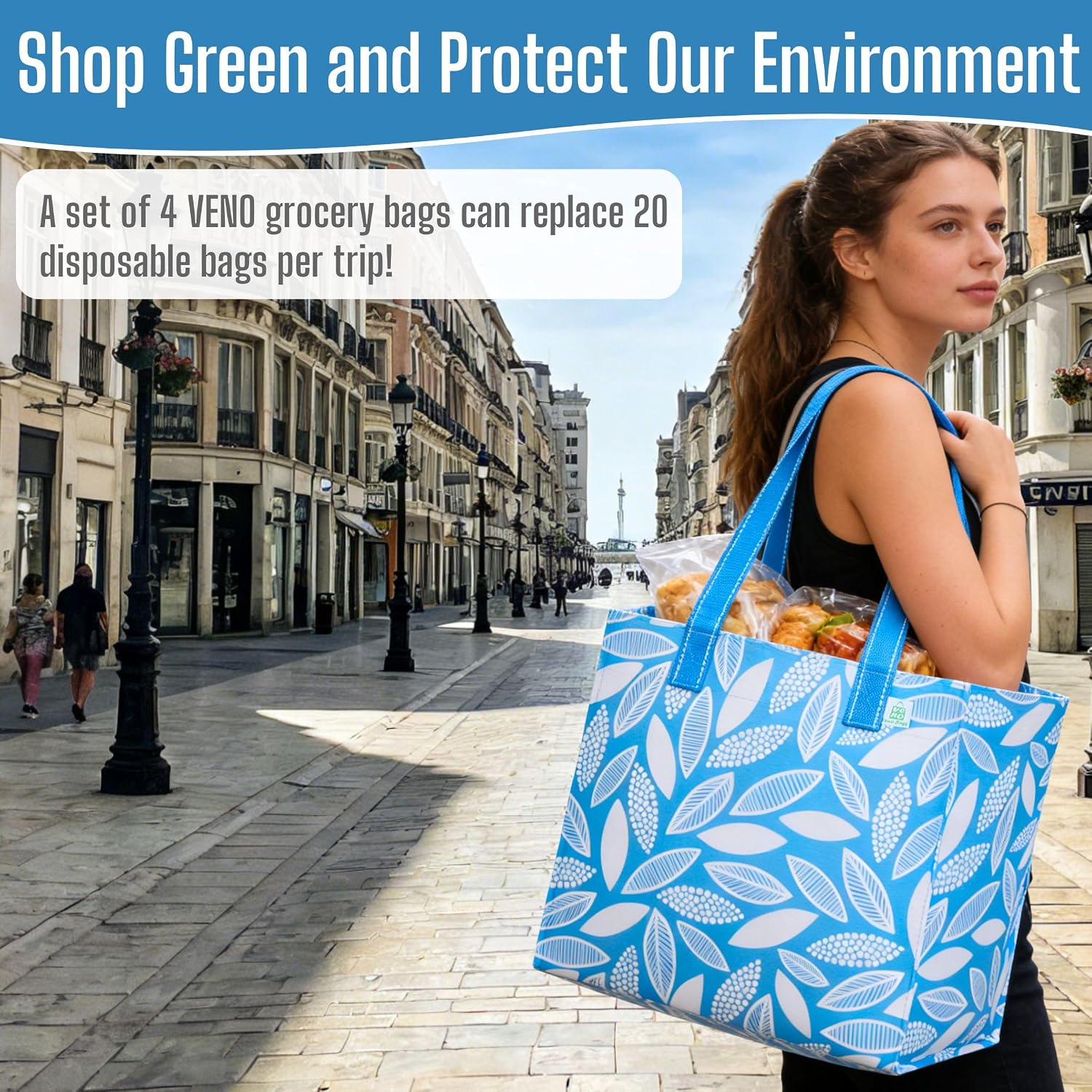 VENO 4 Pack Reusable Grocery Shopping Bags, Heavy-Duty Tote Bags with Handles, for Shopping Cart with Hard Bottom to Stand Upright, Foldable (Spring Breeze, 4 Pack)
