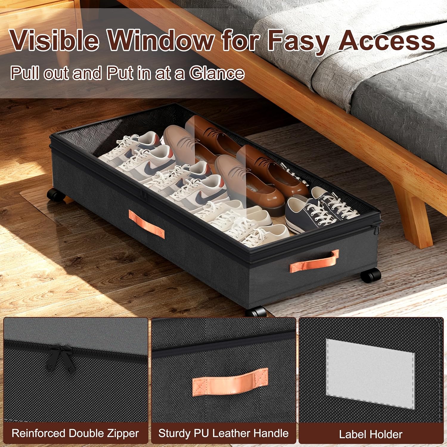 Under Bed Storage with Wheels, 2 Pack 70L Extra Large Rolling Underbed Organizer Bins with Lids, Heavy-Duty Foldable Container for Clothes, Shoes, Blankets, Fits 10“+ Clearance (Black)