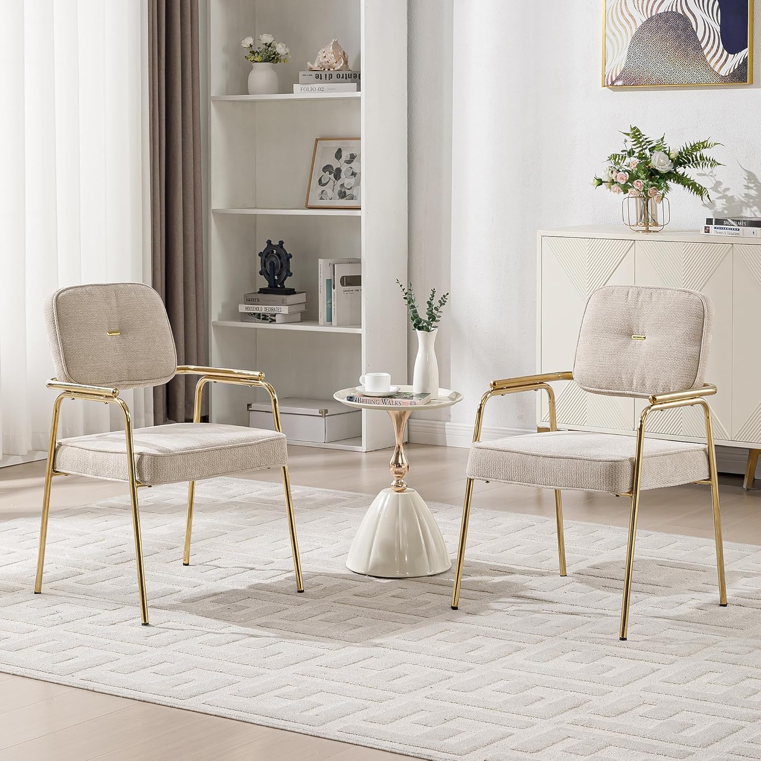 HENGJIANYI Accent Chair Dining Chair Set of 2, Chenille Upholstered Armchair Reading Side Chair, Comfy Living Room Chair with Gold Metal Legs for Bedroom Waiting Room, Beige