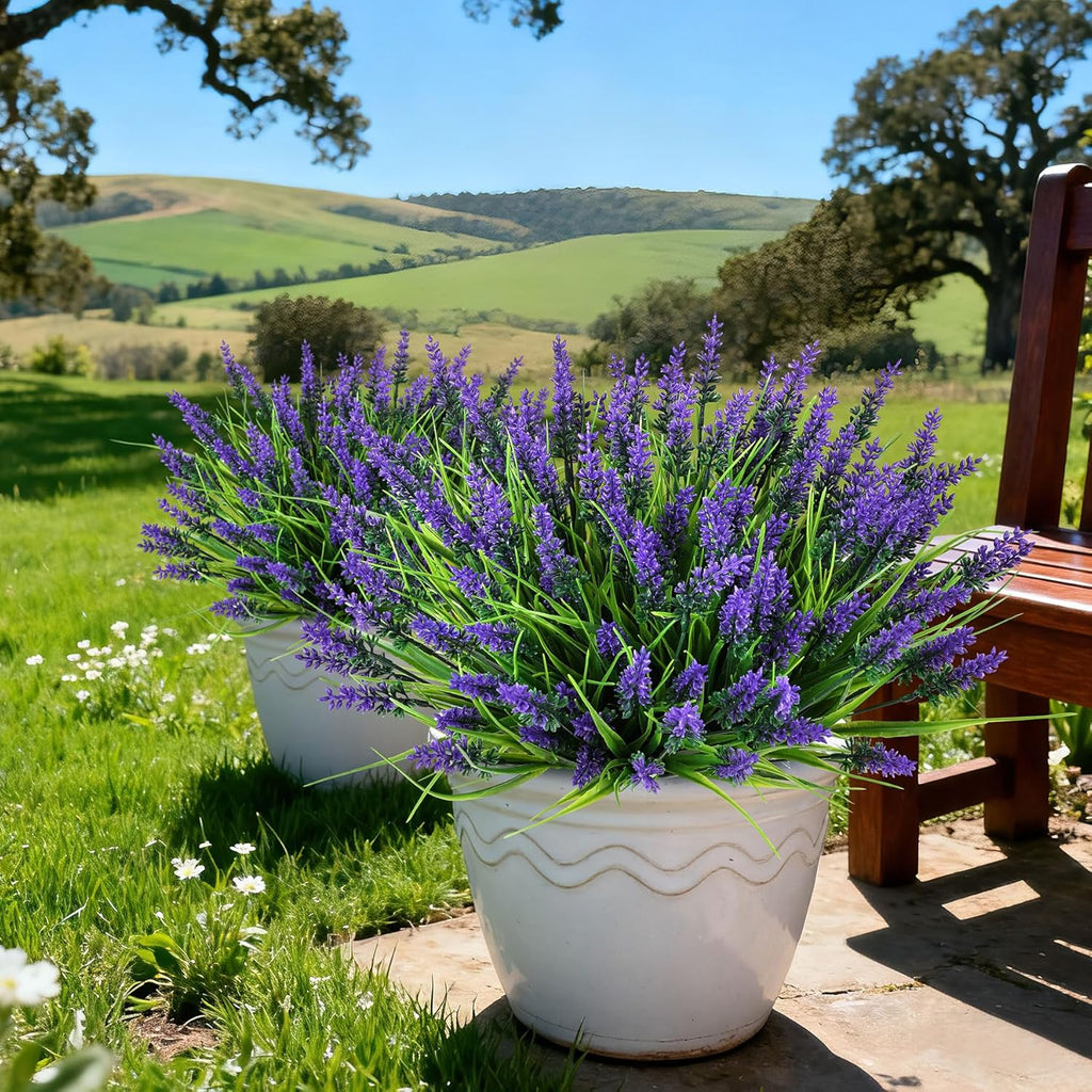 16 Bundles Artificial Plants Outdoor, UV Resistant Fake Lavender & Monkey Grass, Realistic Plastic Faux Plants for Balcony, Patio, Porch Greenery Decor, Planter Filler(Purple)