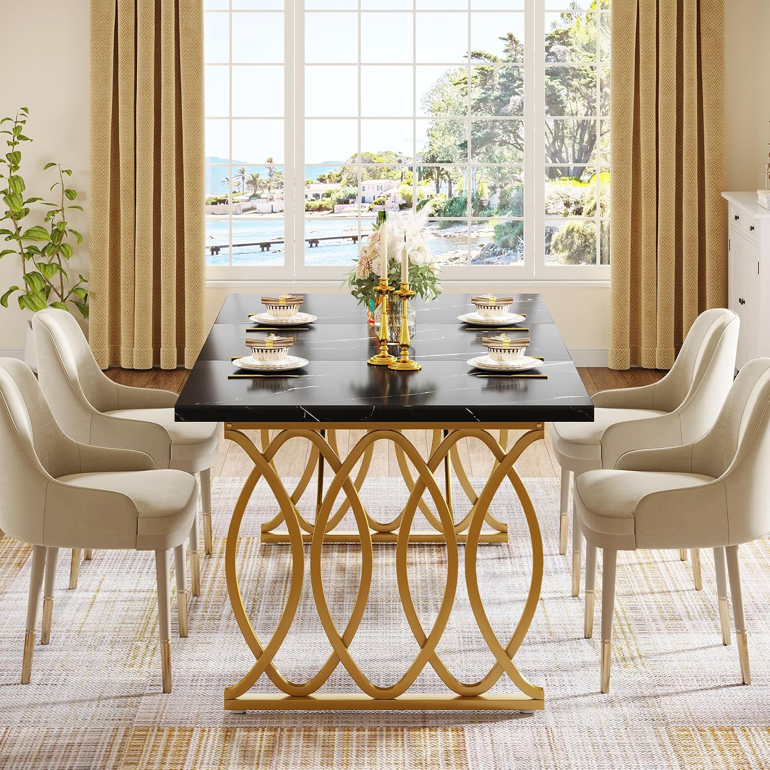 Tribesigns Modern Dining Table, 63" Large Kitchen Table for 4-6 People, Unique Rectangular Dinner Table Kitchen & Dining Room Furniture with Black Faux Marble Tabletop and Geometric Legs