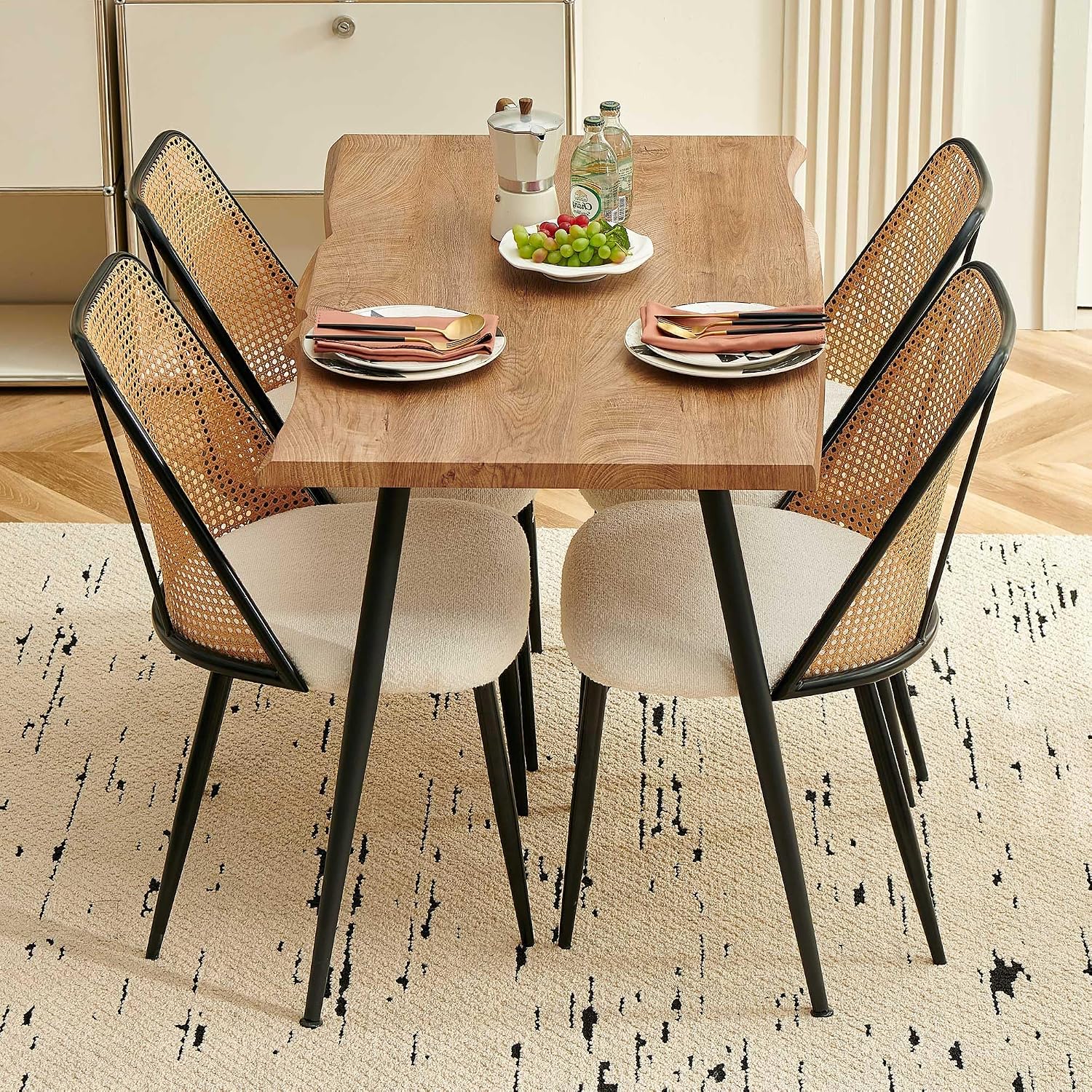 Modern 47 Inch Dining Table, Irregular Rectangle Kitchen Table for 4-6 People, Home Kitchen Table with Engineered Wood Tabletop and Metal Legs for Dining Room, Living Room