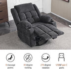 Ketaiyou Power Swivel Rocker Recliner Chair for Adults with Massage and Heat, USB and Type-C Ports, Infinite Position, Electric Glider Reclining Single Sofa Chair for Living Room (Dk Gray)