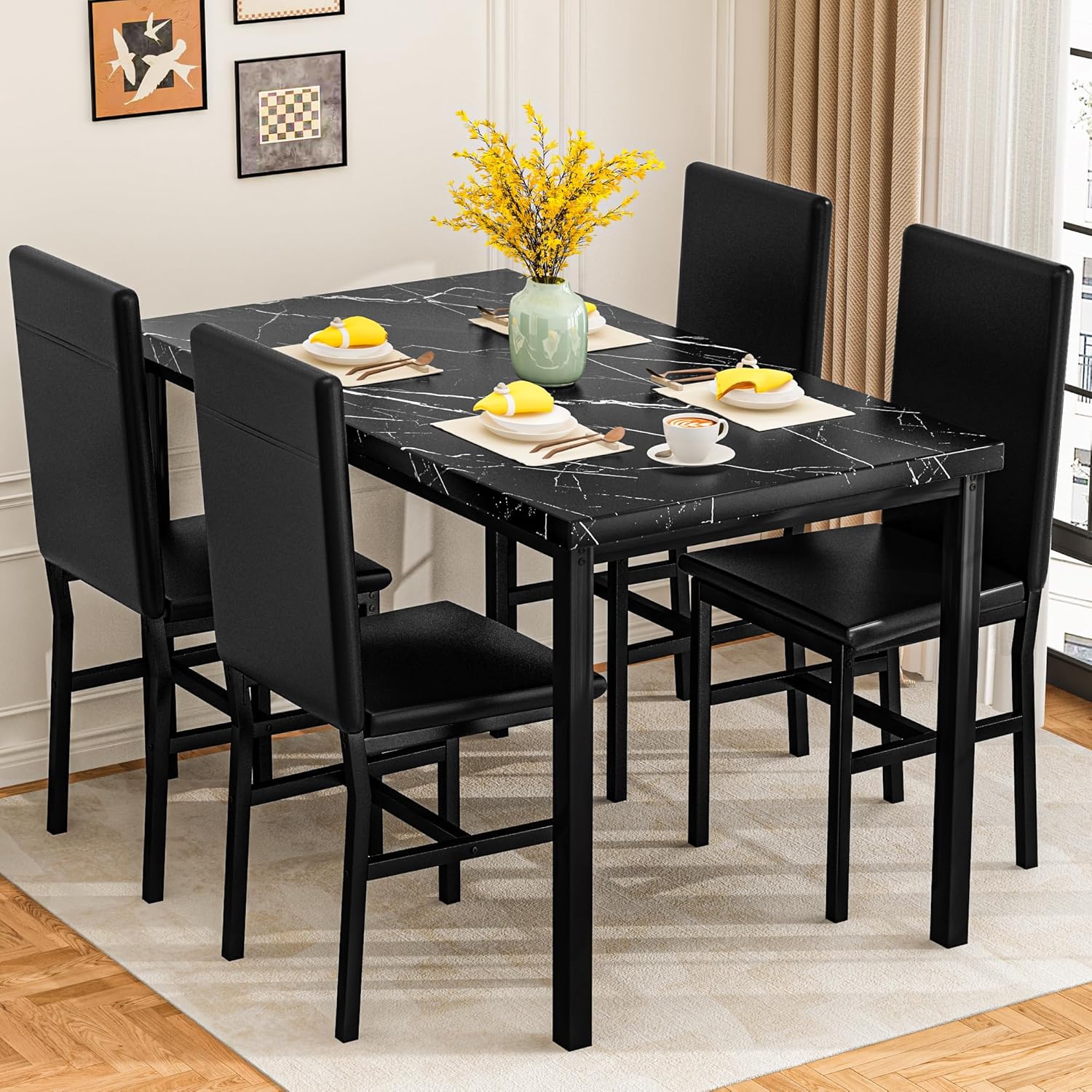 AWQM 5 Piece Dining Table Set for 4,Faux Marble Kitchen Table and Chairs for 4, Modern Dining Room Table with 4 Chairs,Dinner Table Set for Small Spaces, Black