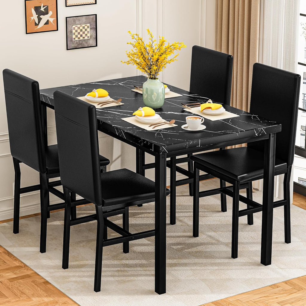 AWQM 5 Piece Dining Table Set for 4,Faux Marble Kitchen Table and Chairs for 4, Modern Dining Room Table with 4 Chairs,Dinner Table Set for Small Spaces, Black