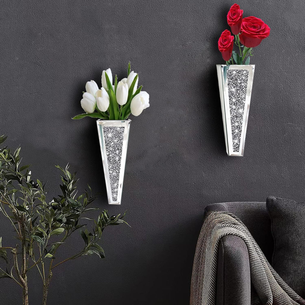 Flower Vase Crushed Diamond Mirrored Hanging Planter& Geometric Decor Mirrored Container,Silver Decorative Mirror Vase Luxury for Home Decor.befit for Faux Plants.Can’t Hold Water.(Set of 2)