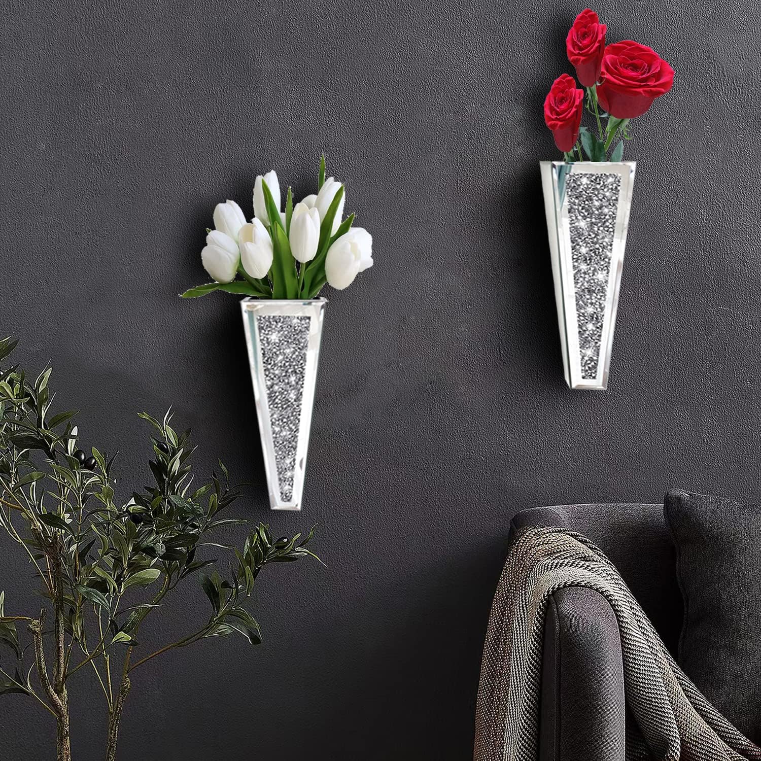 Flower Vase Crushed Diamond Mirrored Hanging Planter& Geometric Decor Mirrored Container,Silver Decorative Mirror Vase Luxury for Home Decor.befit for Faux Plants.Can’t Hold Water.(Set of 2)