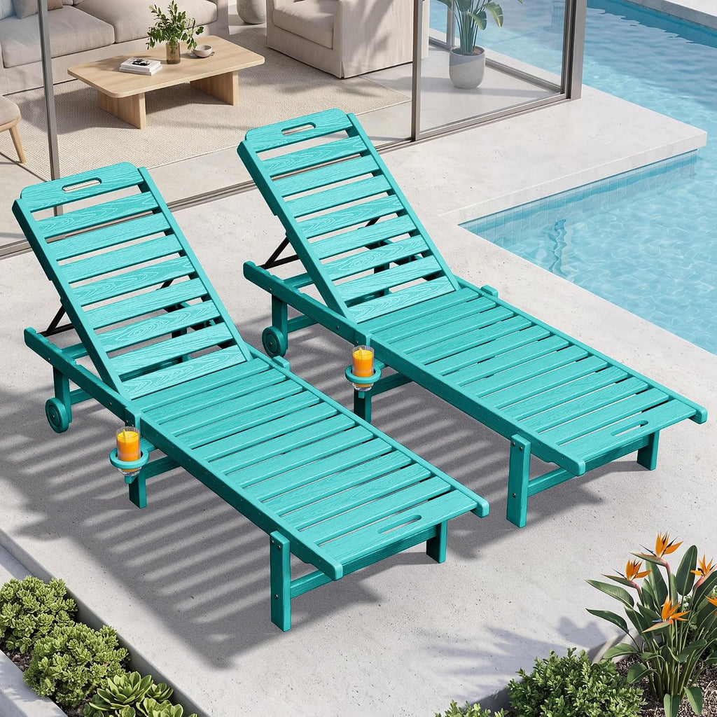 KINGYES Outdoor Armless Chaise Lounge Set of 2, HDPE Pool Lounge Chairs with Cup Holder & Wheels, Patio Lounger Chairs for Poolside, Aruba