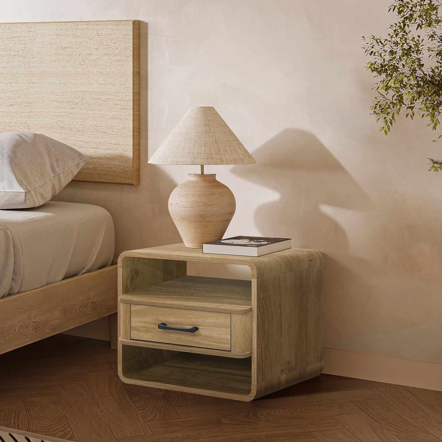 LuxenHome Modern Nightstand with Drawer and Open Shelf,15.7" H Wood Accent End Table and Night Stand with Rounded Corners, Small Bedside Table with Storage for Bedroom，Living Room