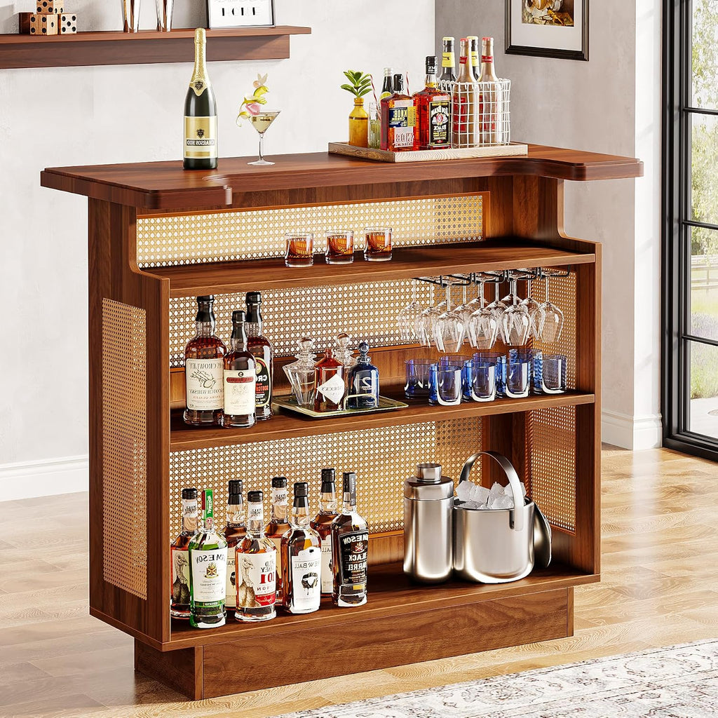 Tribesigns Rattan Home Bar Unit, Farmhouse 4-Tier Bar Table with 4 Stemware Racks and Heightened Base, Liquor Wine Bar Cabinet Mini Bar Table for Home Pub, Caramel Brown