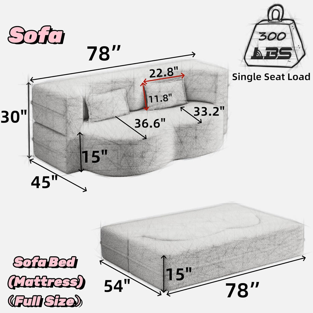 Modern Floor Sofa with 2 Pillows,Convertible Teddy Fabric Foam-Filled Sleeper Sofa Bed,15" Full Size Folding Mattress for Living Room, Guest Bed, Playroom,no Assembly Required (White@091)